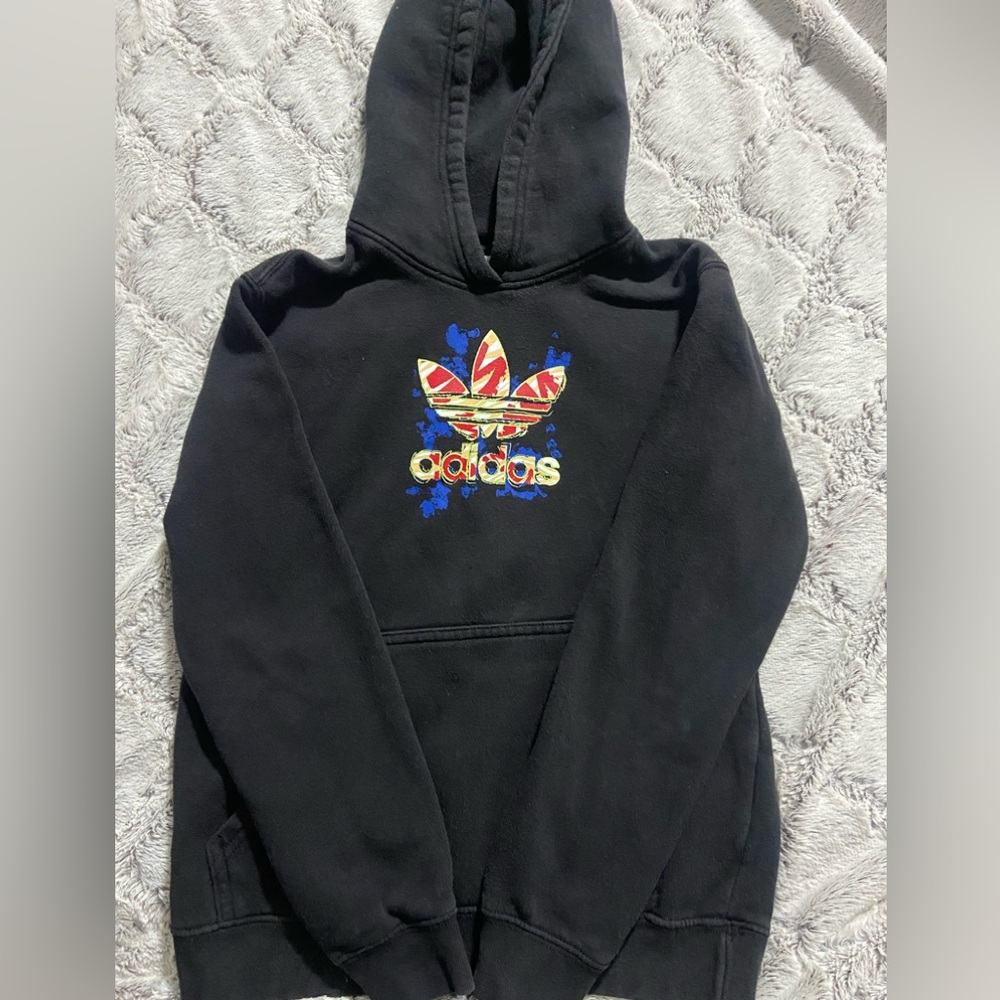 Adidas Originals Kids Black Hoodie with Multicolor Logo